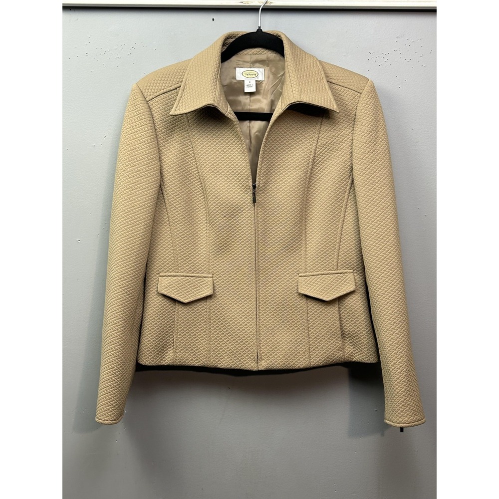 Talbots Jacket Womens 8 Beige Quilted Zip Front Lined Zipper Cuffs Knit Blazer